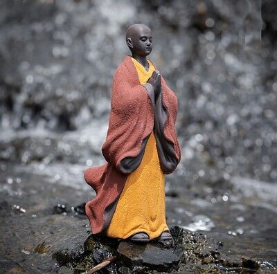 6.1" Chinese Zi Sha Sand Standing Monk Statue Praying Buddha Buddhism Zen Figure