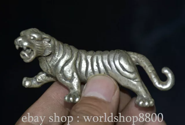 3.2" Old Chinese Silver Carving Dynasty 12 Zodiac Tiger Beast Ornament Statue