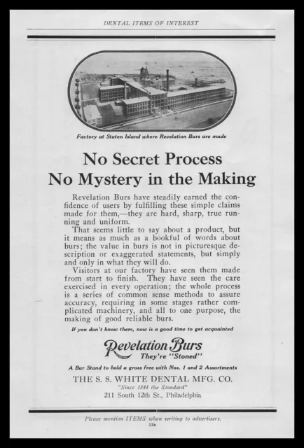 1924 SS White Dental "Stoned" Revelation Burs Photo Staten Island Plant Print Ad