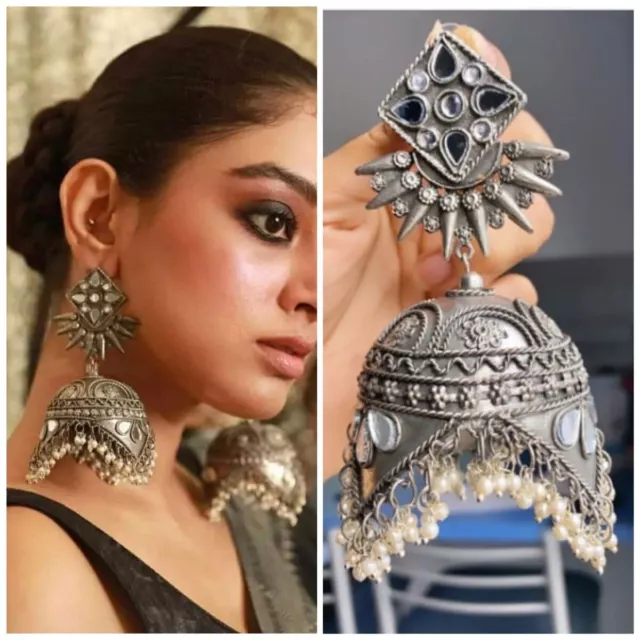 Étnico Indio Tradicional Bollywood Estilo Plata Oxidado Jhumka Pendientes Largos