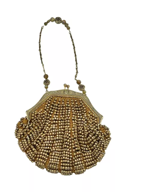 Vintage Gold Beaded Clutch Purse Clam Shell Evening Bag Gold Tone Chain Clasp