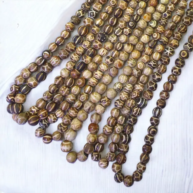 South Asian Burmese Old Pumtek petrified Wood Beads Long Strand 12-18mm