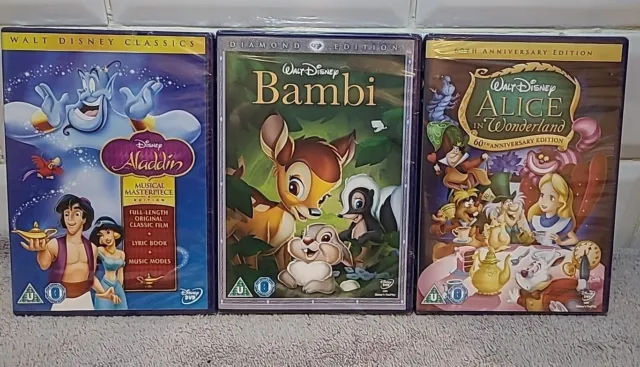 New And Sealed - Walt Disneys - Bambi, Aladdin And Alice In Wonderland DVDs