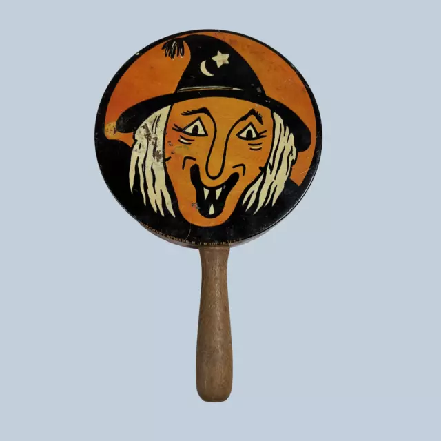VTG Halloween Round TIn Litho Rattle Noisemaker Kirchoff Witch Wood Handle