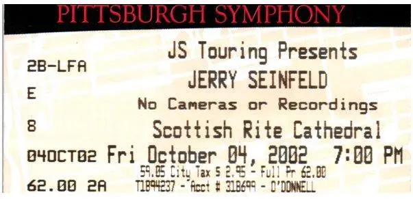 Jerry Seinfeld Ticket Stub Ottobre 4 2002 Nuovo Castello Pennsylvania