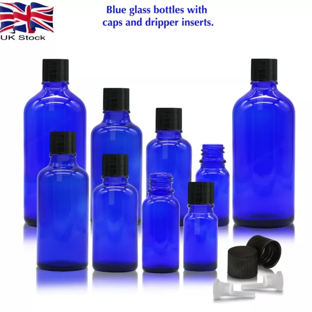 Wholesale BLUE GLASS Dropper Bottle with SIMPLE PLASTIC CAP & DRIPPER Inserts