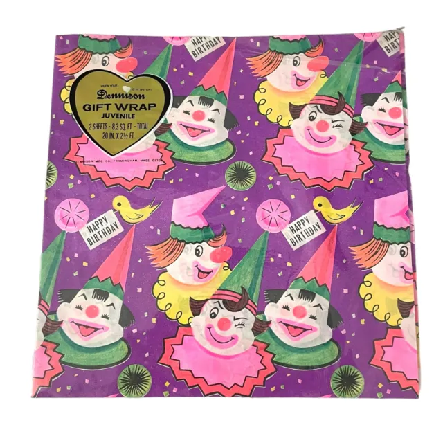 Vintage 60s Dennison Gift Wrap Wrapping Paper Happy Birthday Clown 2 Sheets