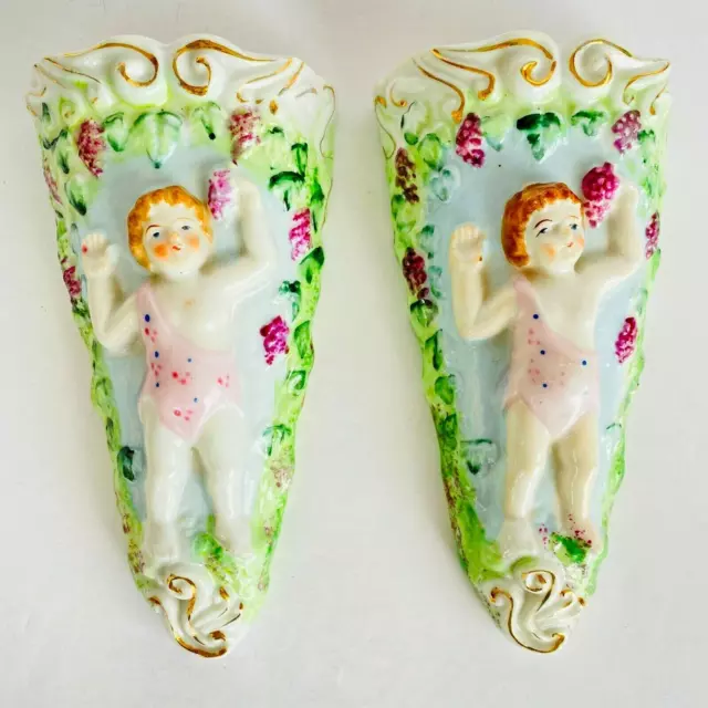 Pioneer Japan Pair of Vintage Wall Pockets Porcelain Hand Painted Grapes Cherub