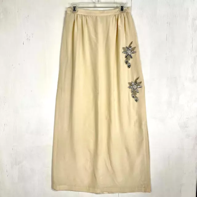 Neiman Marcus Vintage Silk Skirt Cream Silver Floral Sequin Embellished Size 14