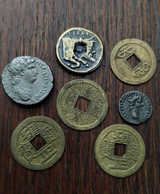 Lot Of 7 Ancient (Reproduction) Coins, Julius Caesar, Tiberius, Nero Tetradrachm