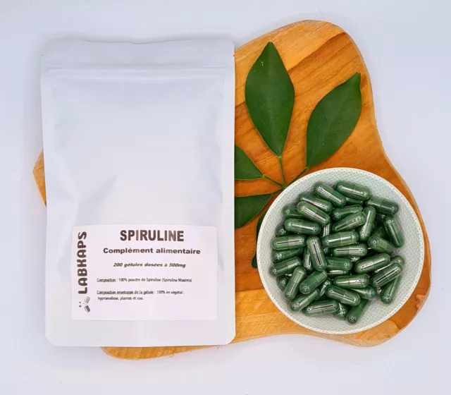 SPIRULINE 200 gélules dosées à 500mg enveloppe de la gélule 100% végétale