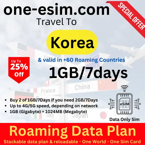 [eSIM] South Korea Travel Cheap eSIM Data Roaming 1 GB for 7 Days