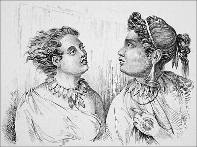 MARQUESAS ISLANDS - YOUNG GIRLS of NUKU-HIVA - Engraving from 19th century