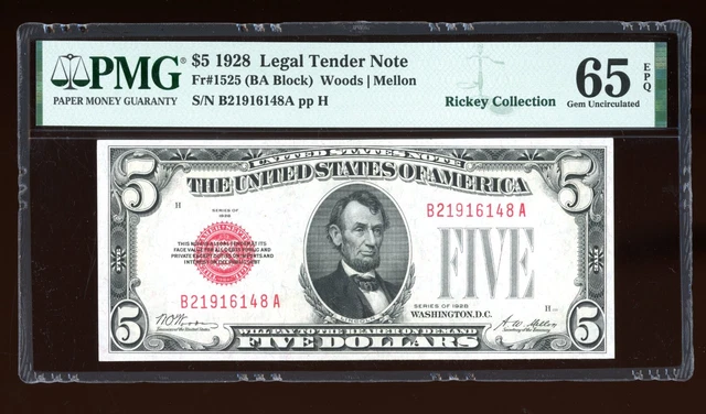 DBR 1928 $5 Legal Gem Fr. 1525 BA Block PMG 65 EPQ Serial B21916148A