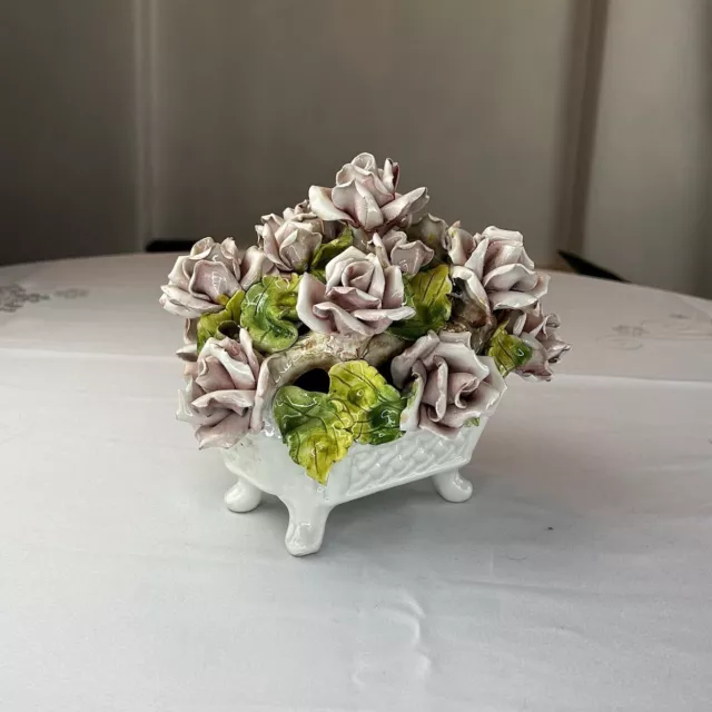 Italia Imports Made in Italy Floral Basket Porcelain Sculpture