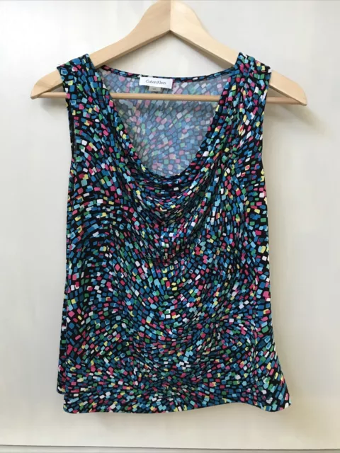 Calvin Klein Sleeveless Drape Neck Top Colorful Geometric Print Size Petite M PM