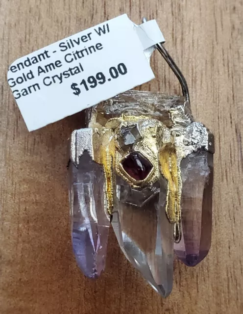 Silver & Yellow Gold Amethyst Citrine Garnet Crystal Pendant