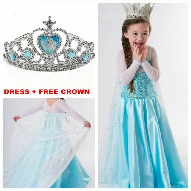 Kids Girls Princess Queen Elsa Halloween Cosplay Costume Fancy Dress&free Crown