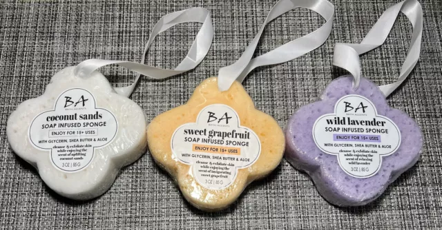 X3 Acentos de Baño Jabón Infundido Esponjas Lavanda, Coco y Toronja Dulce NUEVO