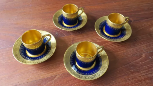 Tasses Litrons Moka Cafe A. Prevot Porcelaine Limoges Bleu Four Incrustation Or