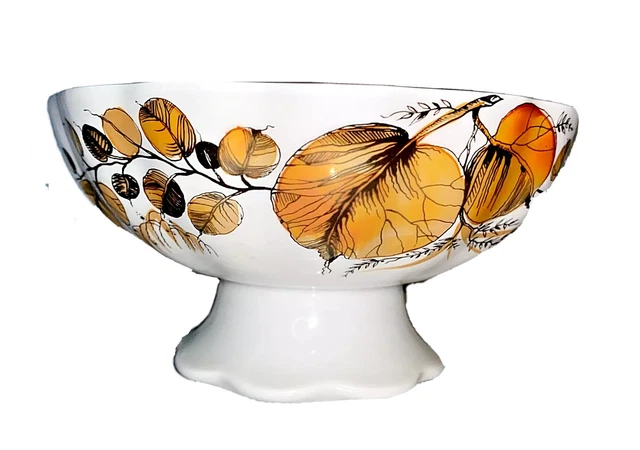 St. Petersburg Russia  Pedestal Bowl White With Amber Leaves Dish 3" Tall