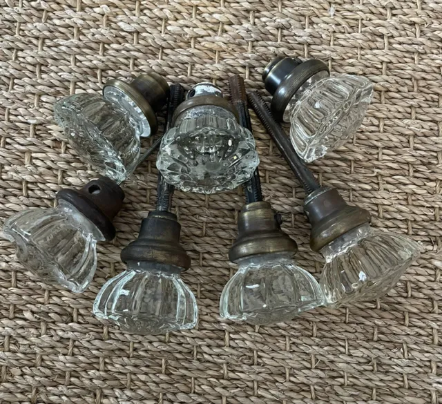 Antique Vintage 12 Point Crystal Glass & Brass Door Knobs - 3.5 Sets - Salvage 2