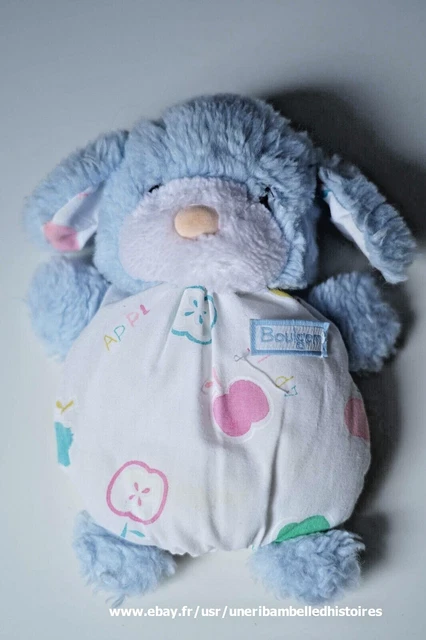 Peluche Doudou chien Bleu Blanc Imprimé Ours BOULGOM Yeux Durs Vintage 18 Cm