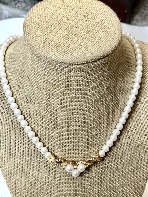 Vintage Faux Pearl Necklace V With Rhinestones Pearls 15-/12"