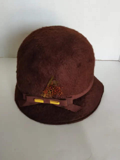 Lilly Dache Debs 1950's Beaver Fur Fedora hat Brown with Feathers
