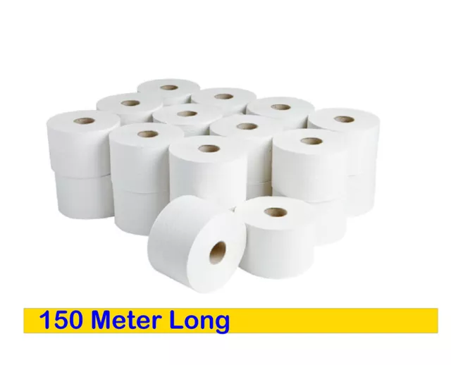 12 x Mini Jumbo Toilet Rolls, 150m Soft paper 60mm. 2.25"core 2ply white tissue