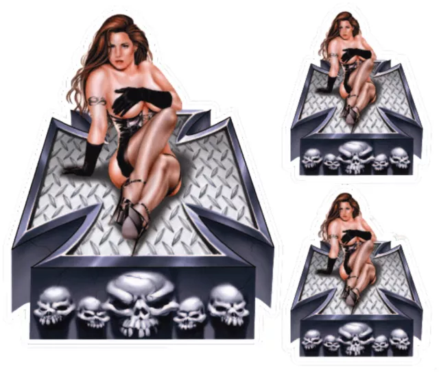 Aufkleber Set Pin Up Girl auf Totenkopf Kreuz 11x9cm + 2 x 5,5x4,5cm Skull Decal