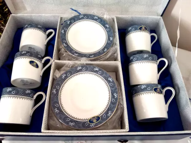 English Aynsley Blue Mist Fine Bone China Coffee Set Boxed Gift 6 Cups Saucers