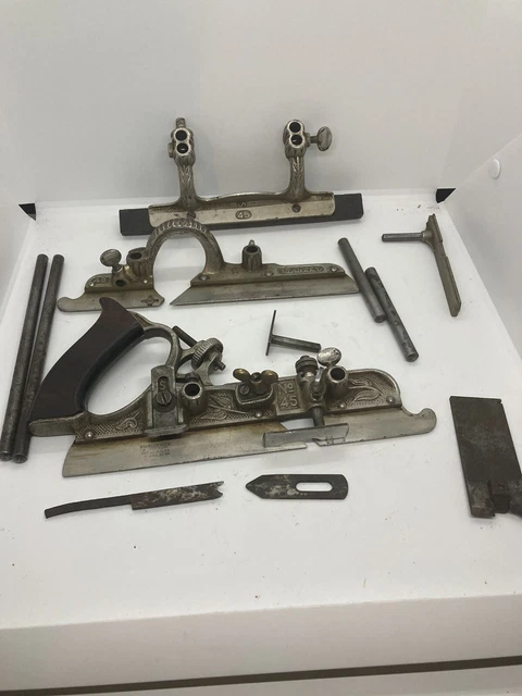 stanley no. 45 combination plow plane & Lot of 18 cutting Irons.