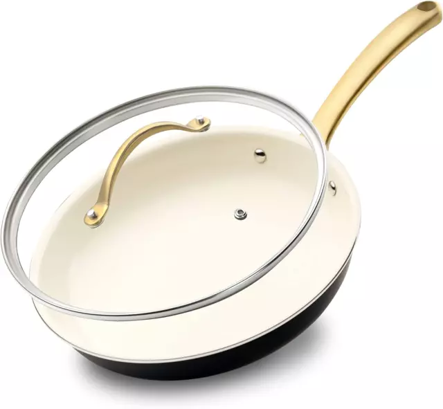 12” Fry Pan with Lid - Large Skillet Nonstick Frying Pan with Golden Titanium Co