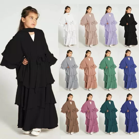 Kids Girls Chiffon Long Dress Abaya Muslim Girls Kaftan Evening Party Robe Gown