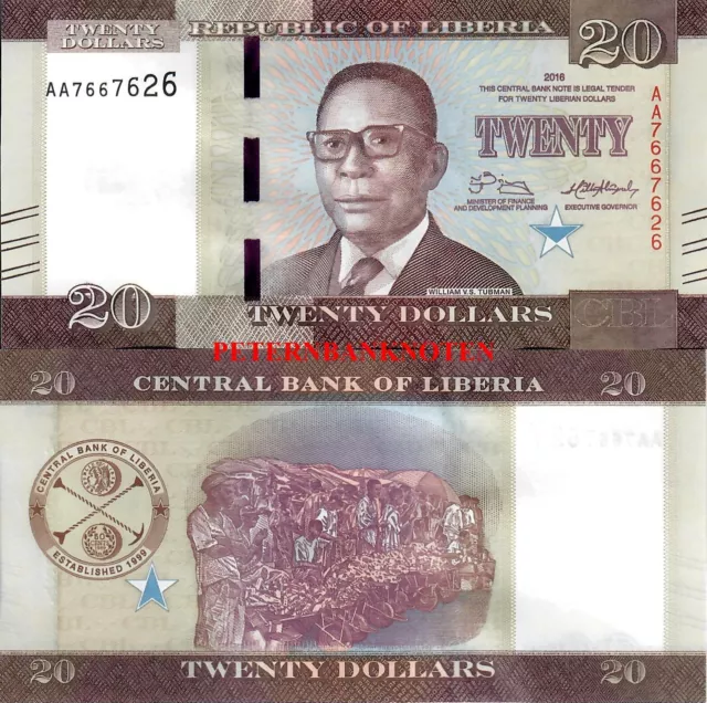LIBERIA 20 Dollars 2016 /17  Unc. P. 33a  6125# Kassenfrisch..