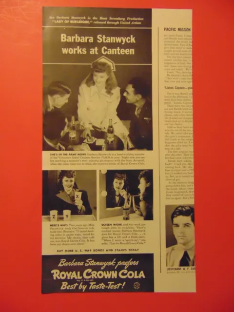 1943 ROYAL CROWN COLA Barbara Stanwyck works at canteen photo art print ad
