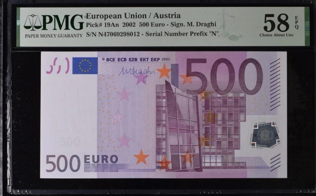 Choice aUNC 500 Euro Austria European 2002 Draghi P-19an PMG 58 EPQ N47069298012