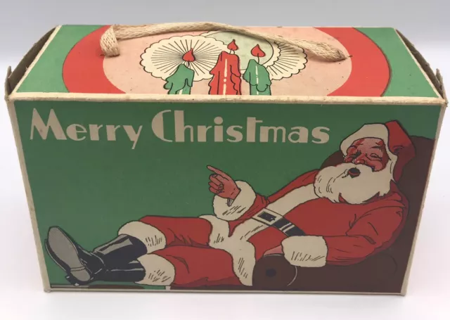 Vintage Merry Christmas Santa Claus Candy String Handle Treat Box Container