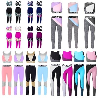 Kids Girls Fitness Workout Outfits Crop Tops Athletic Leggings Suit Running Set