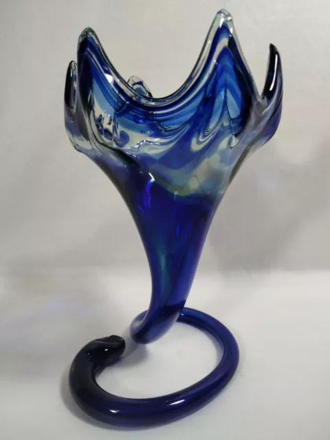 Colbalt Blue Swirl Blown Glass Vase  10 1/2" Art Glass Pedestal Murano Style?