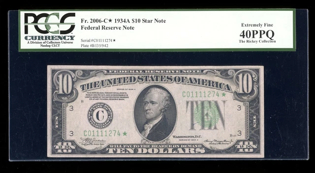 DBR 1934-A $10 Philadelphia STAR Fr. 2006-C* PCGS XF-40 PPQ Serial C01111274*