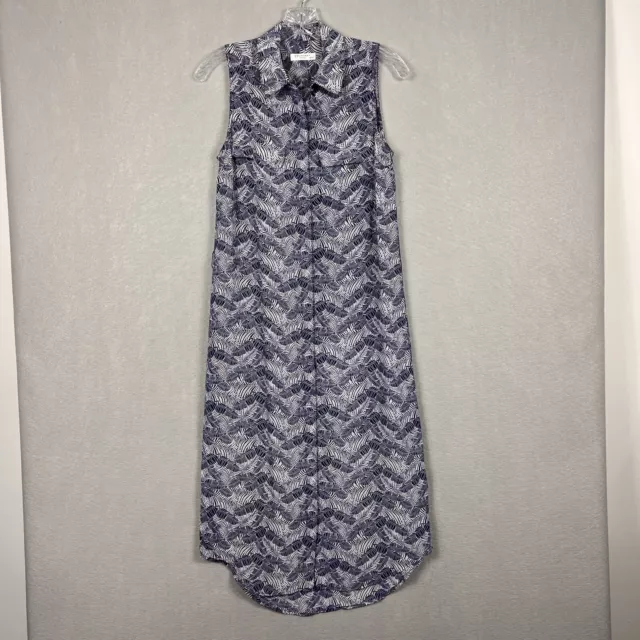 Equipment Womens Sleeveless Silk Shirt Dress XS Blue Leaf Print Button Up Tegan 2