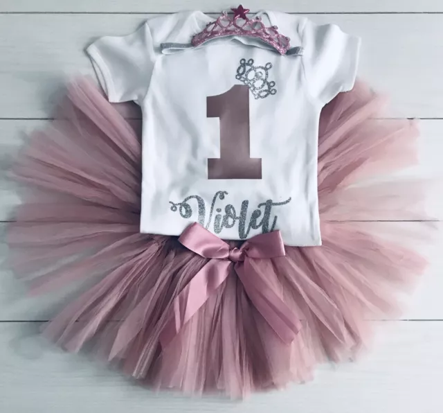 Girls Personalised 1st First Birthday Outfit Tutu Dusky Cake Smash Rose Gold One