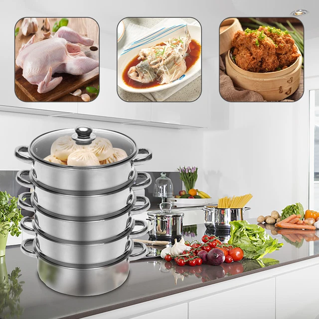 VEVOR Cuiseur Vapeur 5 Niveaux Acier Inoxydable 30 cm Chaque Niveau Empilable 8,5 cm 3 Pots a VEVOR Cuiseur Vapeur 5 Niveaux Acier Inoxydable 30 cm Chaque Niveau Empilable 8,5 cm 3 Pots a