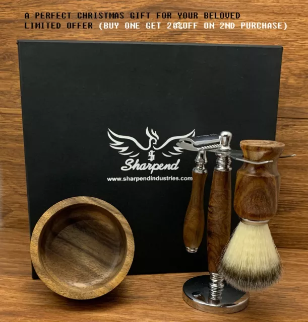 Brown 4  Piece Shaving Set | DE Safety razor & Badger  Brush | Men's Gift Kit