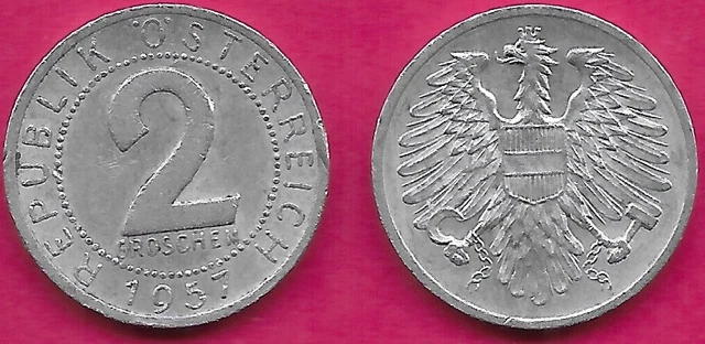 Austria 2 Groschen 1957 Unc Imperial Eagle With Austrian Shield On Breast,Holdin