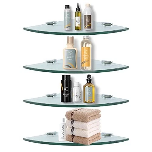 Corner Glass Shower Caddy 4 Pack 8MM-Thick Tempered Glass Shelf No Drilling