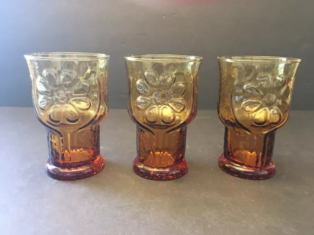 (3) Vintage Libbey Country Garden Daisy Amber Juice Glasses  5 oz. 4"