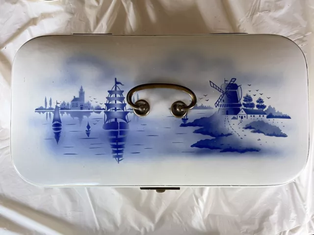 Antique GERMAN DUTCH DELFT METAL ENAMELWARE BREAD BOX COBALT BLUE & WHITE RARE